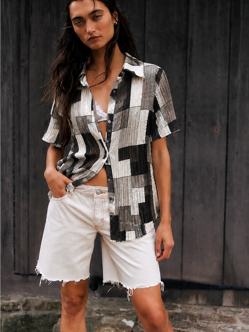 180. Checker Short-Sleeve Button-Up Shirt in Black & White